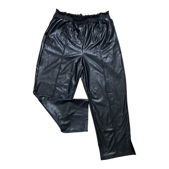 Ellen Tracy Women Black Faux Leather Pants Size M Paper Bag Waist Stretch Pocket - Picture 1 of 12
